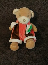 Doudou peluche ours brun salopette brune orange Takinou  Etat neuf
