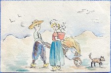 CPA Fantaisie - Dessinée et Peinte à la main - Jeunes Enfants  Brouette Chien
