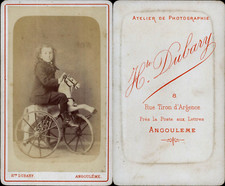 Dubary, Angoulême, enfant sur son cheval tricycle Vintage albumen print CDV.