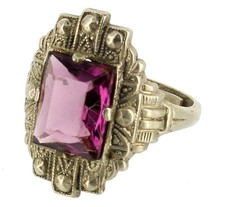 Ancien Tchèque Déco Argent Ton Violet Verre Bague Réglable Taille 4 À 8