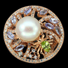 Bague en plaqué or, argent  massif, vrais Tanzanite, Péridot, Perle, Zircons