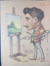 R.Despots Autoportrait du Peintre Chevalet Manivelle Palette Boite Crayon Papier