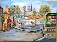 PARIS NOTRE DAME BOUQUINISTES  ART TABLEAU PEINTURE SIGNE JUMEAUX JEAN PIERRE