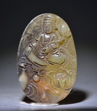 2.2 "Chine ancienne sculpture bouddhiste en jade Guanyin Lotus pendentif