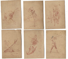 9 anciens Chromos sur papier brun la chasse aux animaux H. 10 cms éléphant loup