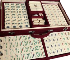 Luxueux jeu de Mah-jong - 144 tuiles en os & bambou - Mallette bois & velours