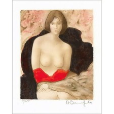 BONNEFOIT Alain - Lithographie originale "Femme nue au drap rouge"  32x25cm - 19