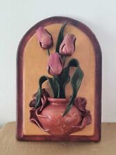 Tableau suspension murale bois et cuir en relief avec bouquet de tulipes en cuir
