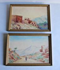 Anciens tableaux paire d'aquarelles orientalistes signé MARCHAND, Maroc Fèz Tara