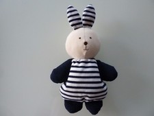 E6. DOUDOU PELUCHE NICO DINGO LAPIN BLEU MARINE RAYE  BLANC ECRU ETAT NEUF*