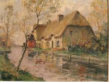 Chaumière  bord de rivière . Huile sur toile de  Paul-Emile LECOMTE (1877-1950)