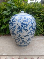 Grand Vase  Terre Cuite Émaillée"  blanc Bleu " Pied de Lampe .