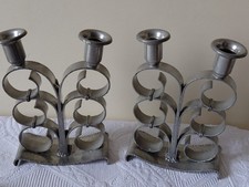 🌸 Paire de chandeliers Art Déco en étain — R. DELAVAN (cachet) — vers 1940