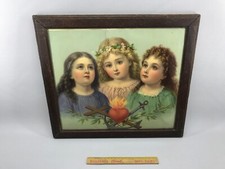 Ancienne image pieuse cadre en bois coeur de marie chretien fillette ancre croix