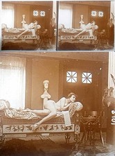 PHOTO STEREO  sur verre NU FEMININ 1900 - 1920  risque sexy nude lesbian / 759