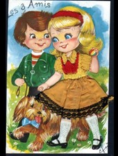Couple d'ENFANTS à la PROMENADE du CHIEN / Carte postale Brodée Tissu Dentelle