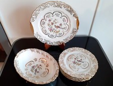 Porcelaine de Limoges / Service à dessert 8 pièces / Décor oiseaux et végétaux