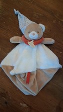 Doudou plat ours blanc beige rouge bonnet lutin étoiles BABY NAT, TBe