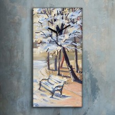 Horloge décorative sur toile 30x60 Tableau Art peinture neige banc arbres