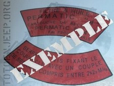 DECALCOMANIE POSE A L EAU . COUVERCLE FILTRE A HUILE JEEP M201 6/12V .  willys