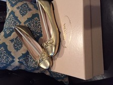 Prada Gold Leather Gold tone Logo Ballet Flats Bow size 37