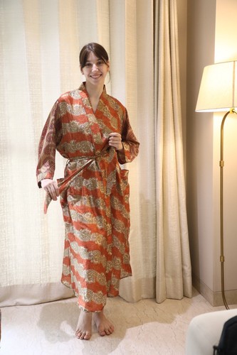Robe longue kimono - , orange-vert