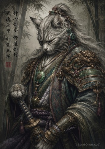 Affiche chat samouraï gris - samouraï,