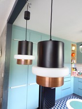 2 SUSPENSION VINTAGE-PHILIPS LOCARNO-Opaline givrée-CUIVRE-métal-Design 60 70