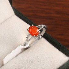 Bague ovale solitaire cornaline en argent, pierre précieuse orange, perles,...
