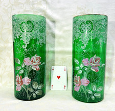 LEGRAS 2 ENAMELLED GLASS VASE EMAILLE FLEURS ROSES ART NOUVEAU DIJON COTE D'OR