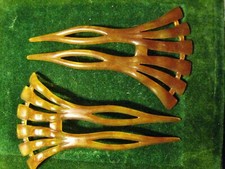 PEIGNE à CHIGNON anciens ÉVENTAIL BAKÉLITE BLONDE signé CAMILLE GUILLOT LOT de 2