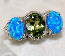 Bague Art Déco Filigrane en argent massif, vrai  Péridot et Opale de Feu