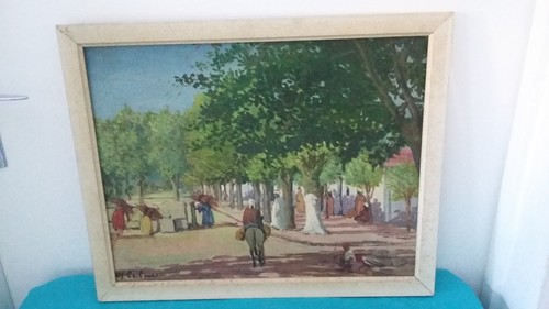 Ancien tableau huile carton - /,