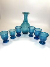 Rare Service À Liqueur En Verre Bleu Soufflé Et Bullé Artisanat Années 1940