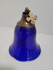 Tulipe ancienne en verre bleu croix bronze lampe à huile église sanctuaire