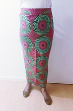 Jupe longue droite en wax - multicouleur rose fushia et verte - fait main