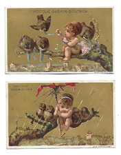 2 chromos fin XIX e h. 6 cms chocolat Guérin Boutron fond or bébé aux oiseaux