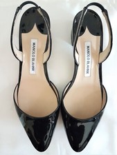 Manolo Blahnik Black Patent Leather Sling Back Flats Pumps EU 37.5 US 6 UK4