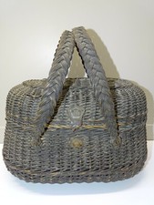 -ANCIEN PANIER DE Marché à 2 ANSES OSIER Tressé noirci COLLECTION DECO CUISINE