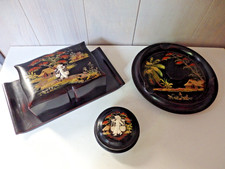 ENSEMBLE FUMEUR PORTE-CIGARETTE BOITE A PRISER CENDRIER bois laqué noir ASIE