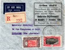 Enveloppe postale aérienne avion Japy Istres-Djibouti voyage retour