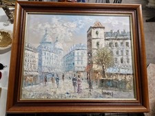 Tableau huile grande vue de Montmartre animée signé Burnett XXème