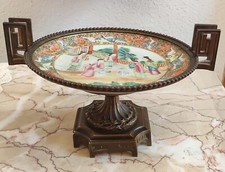 Ancienne Coupe Assiette Centre De Table Porcelaine Asiatique  Monture Bronze 