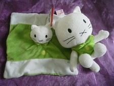 lot peluche + Doudou chat musti vert  blanc BENGY 18 et 20cm