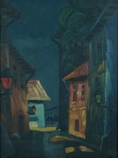 Beau Tableau ancien  vue de ville  la nuit réverbère rue lanterne Vagh Weinmann