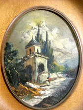 ?? CADRE PEINTURE MINIATURE SUR CUIVRE PAYSAGE MONTAGNE CHÂTEAU SIGNE BASTIEN