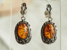 PAIRE BOUCLES D'OREILLES VINTAGE ARGENT MASSIF AMBRE SILVER AMBER EARRINGS