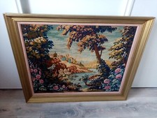 GRAND TABLEAU TAPISSERIE FAIT MAIN CANEVAS  PARIS ENCADRE  BOIS DORE 94 X 78 CM