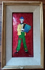 Vintage: Beau tableau émaux / cuivre Limoges Clown musicien signé M. MAURIS CA14