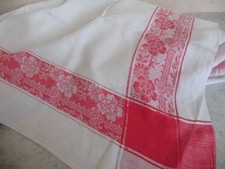 ANCIENNE NAPPE NAPOLEON III DAMASSE BLANC LARGE LINTEAUX ROUGE 130X140 CM